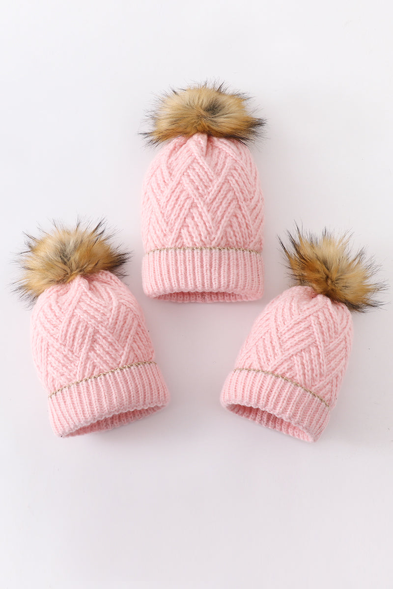 Pink knit pom pom beanie