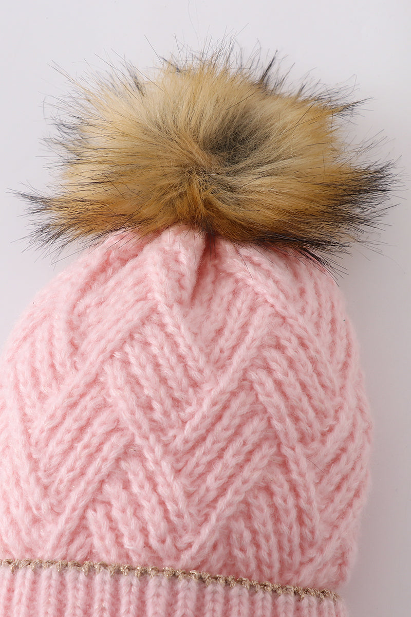 Pink knit pom pom beanie