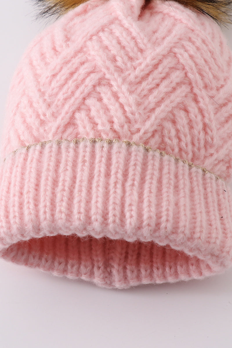 Pink knit pom pom beanie