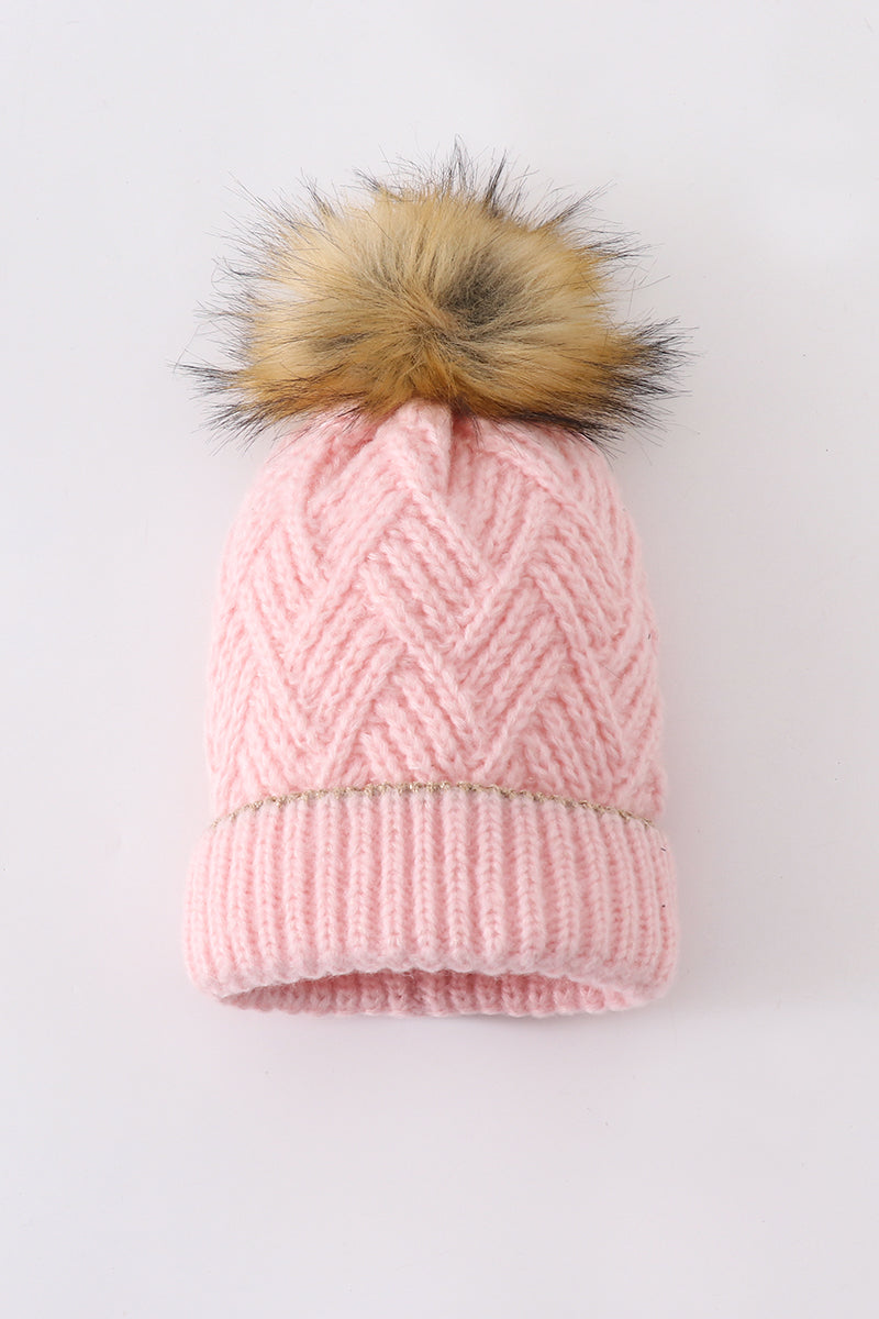 Pink knit pom pom beanie