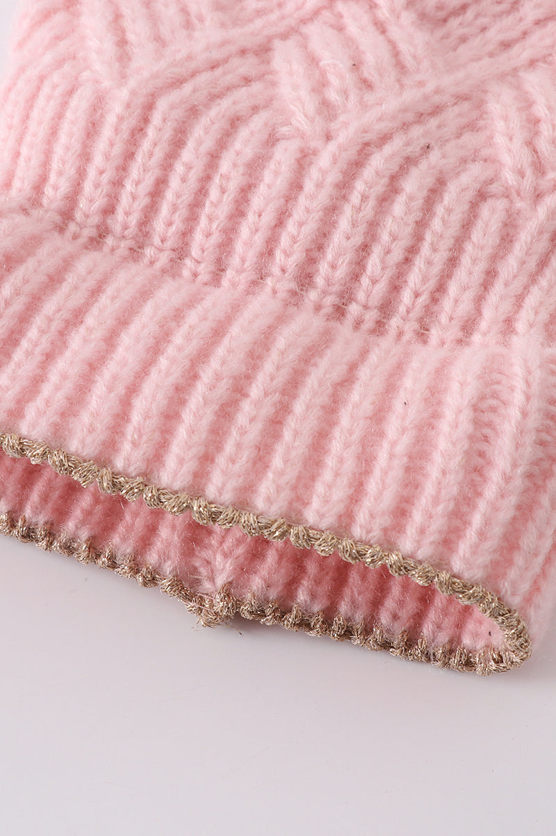 Pink knit pom pom beanie