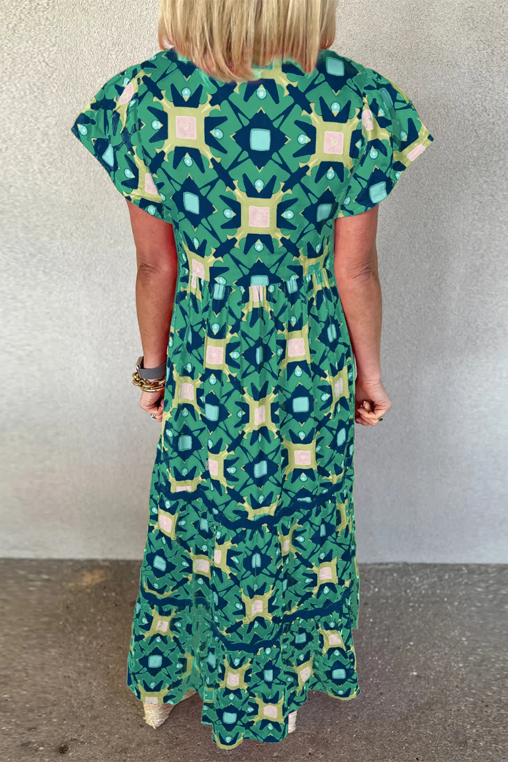 Abstract Print Pleated Flounce Sleeve Maxi Dress