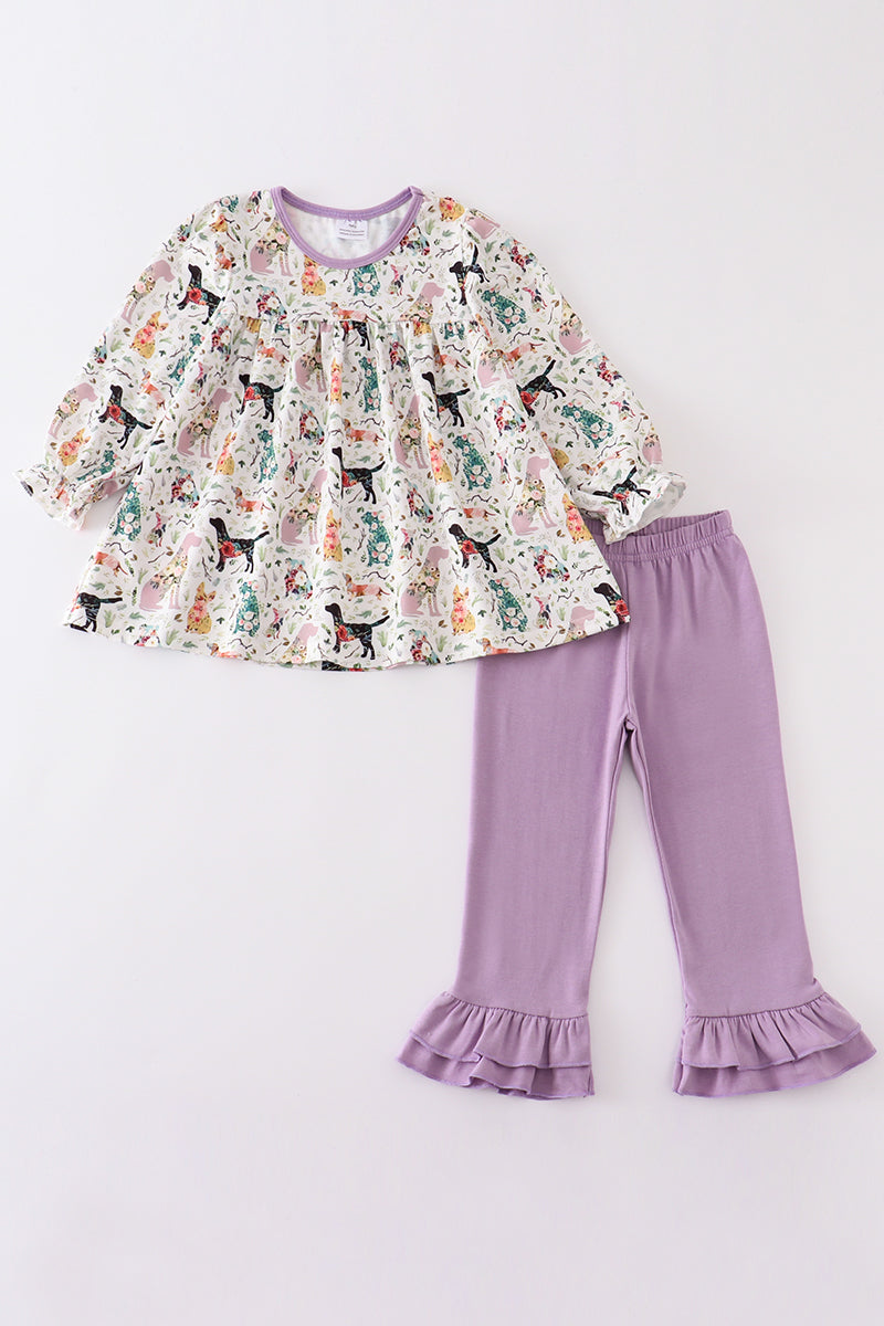 Puppy print ruffle girl set