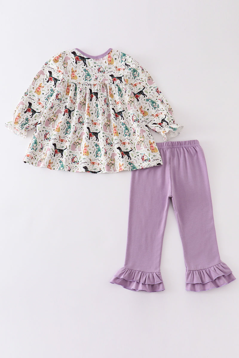 Puppy print ruffle girl set