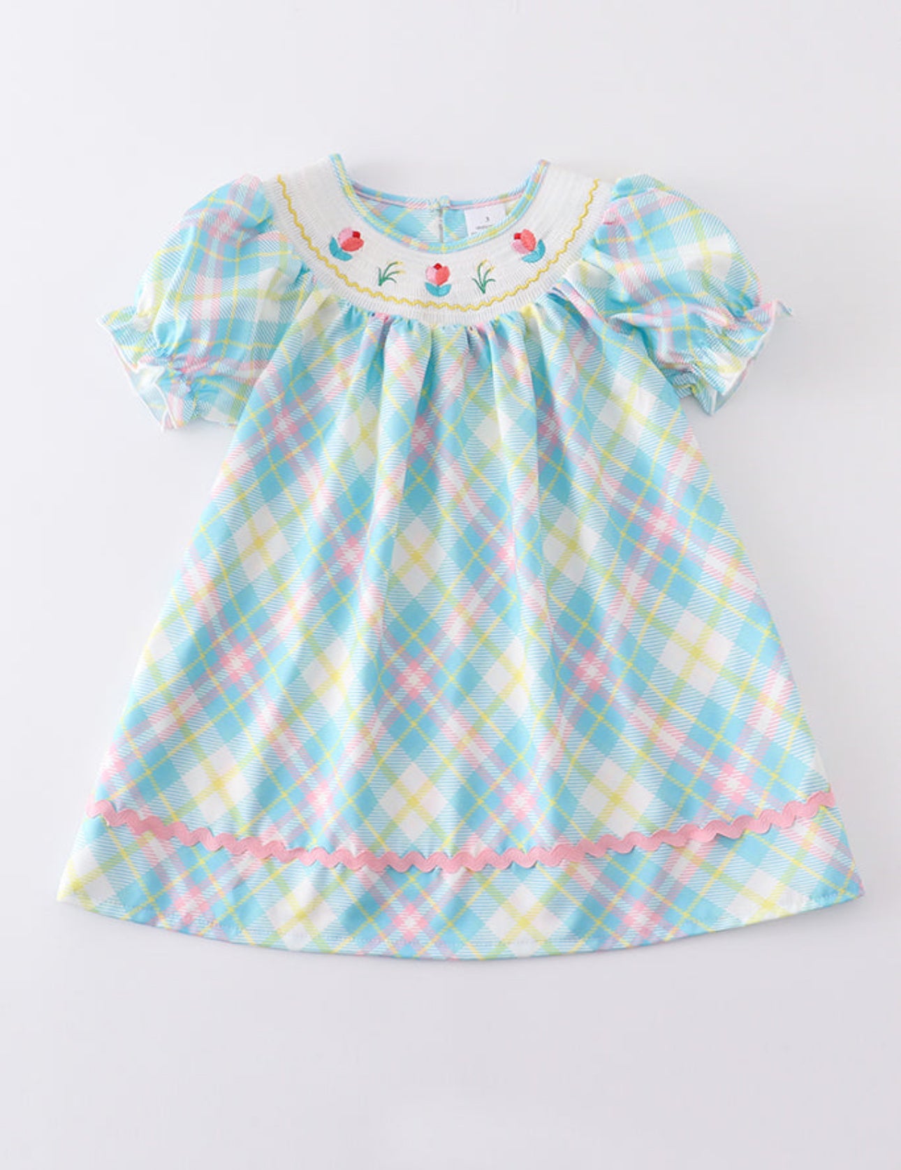 Blue Plaid Rose Smocked Dress