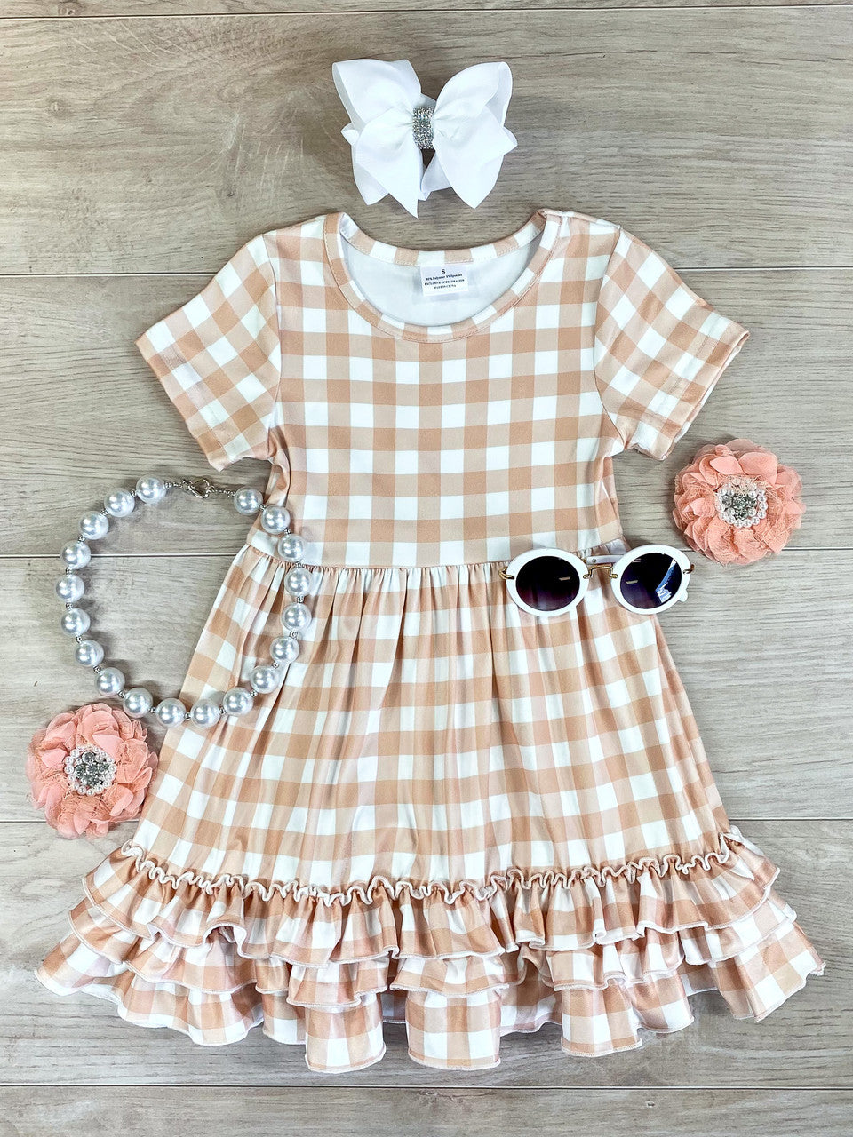 Sand Gingham Ruffle Dress