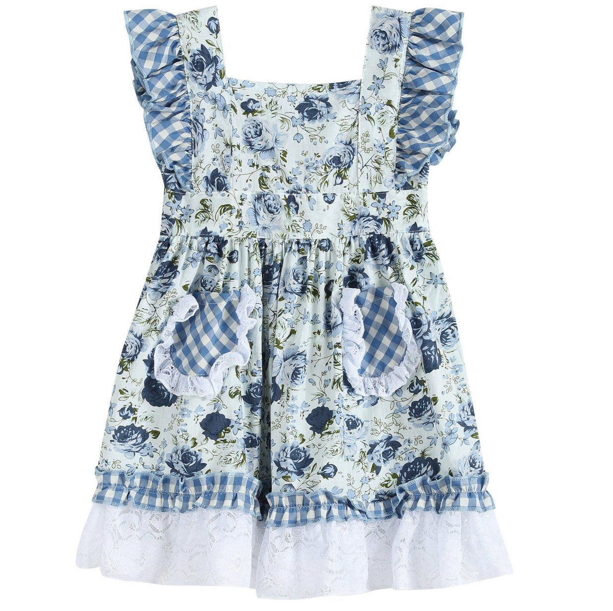 Blue Rose and Gingham Ruffle Dress