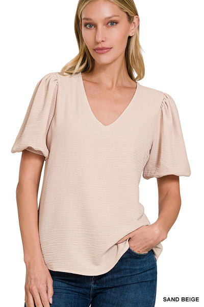 Woven Airflow Puff Sleeve Top