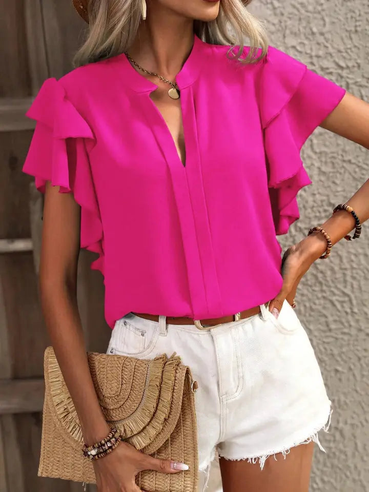 Pink V-Neck Ruffle shirt