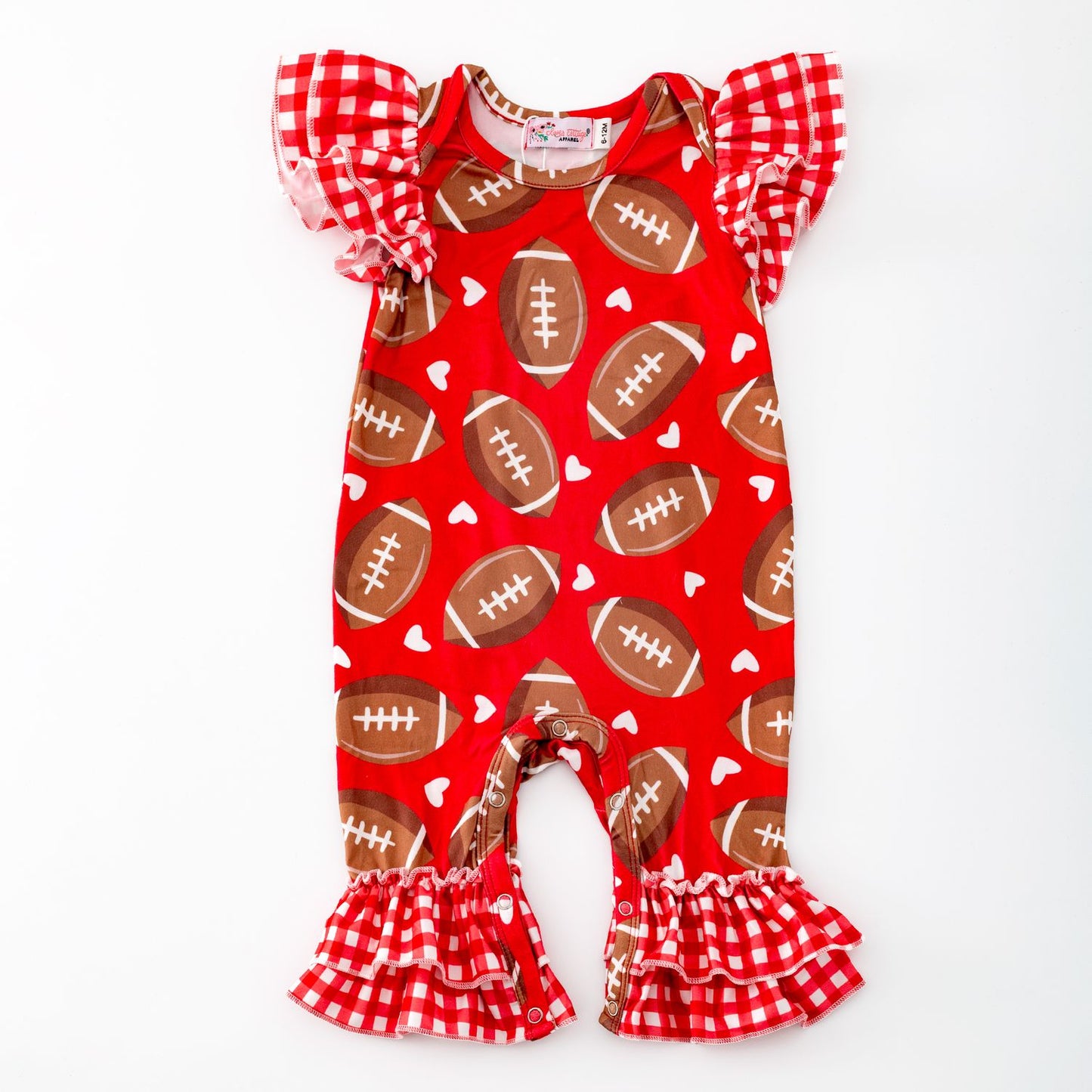 Red GIngham Football Baby Romper