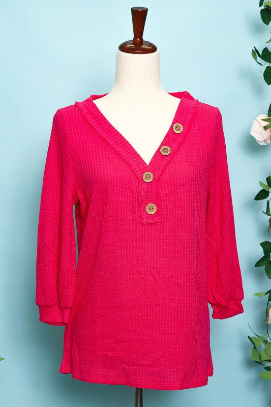 V Neck Button Front Waffle Top