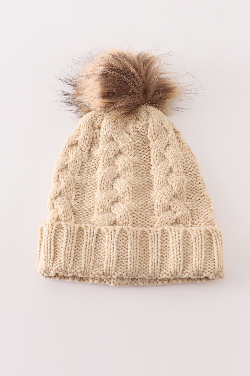 Beige Pom Beanie