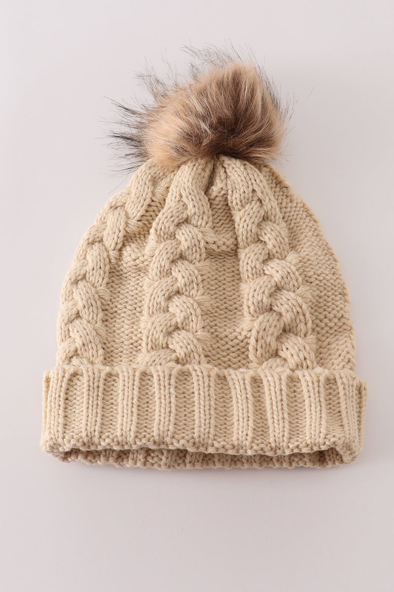 Beige Pom Beanie