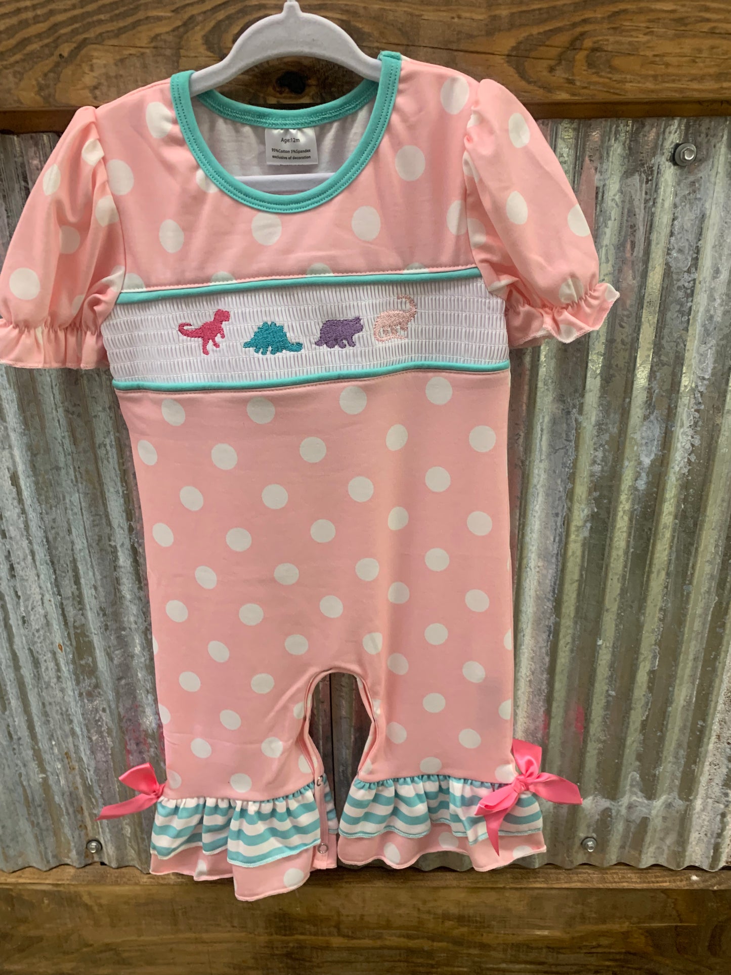 Smocked Dinosaur Pink Polka Dot