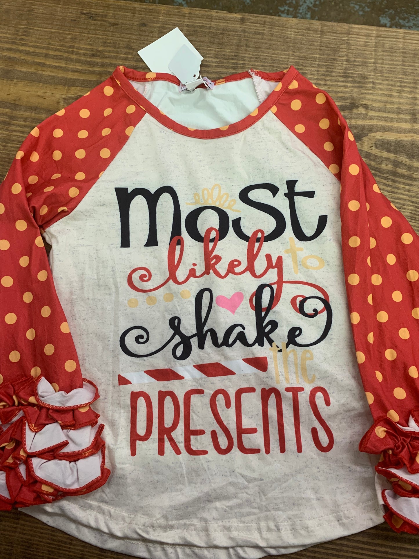 Most likely to shake presents polka dot raglan skeeve