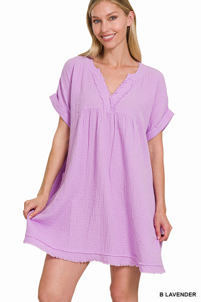 Gauze Rolled Sleeve V Neck Dress