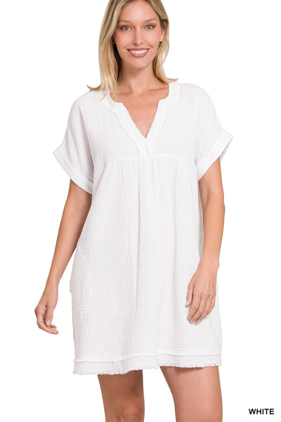 Gauze Rolled Sleeve V Neck Dress