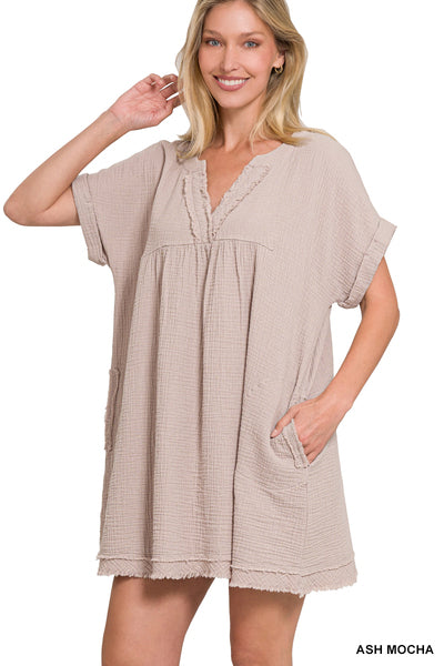 Gauze Rolled Sleeve V Neck Dress