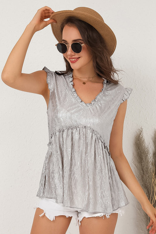 Metallic V Neck Crinkle Top
