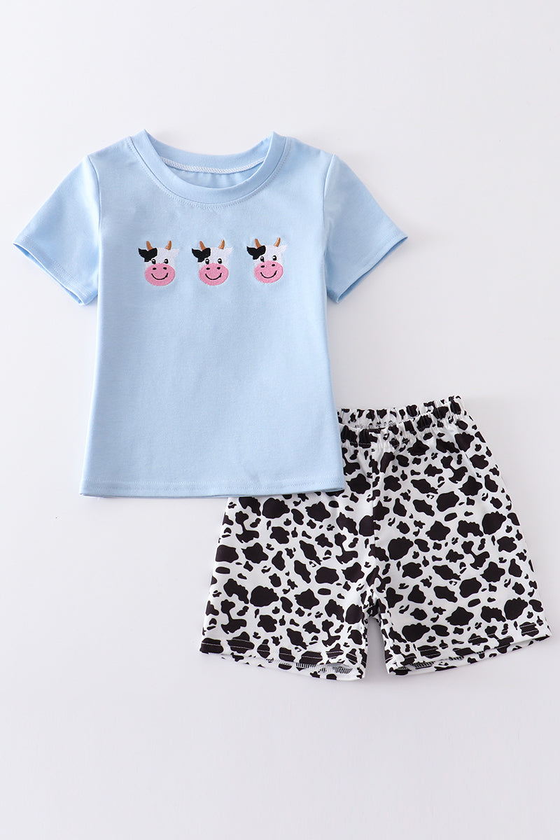 Blue cow embroidery boy set