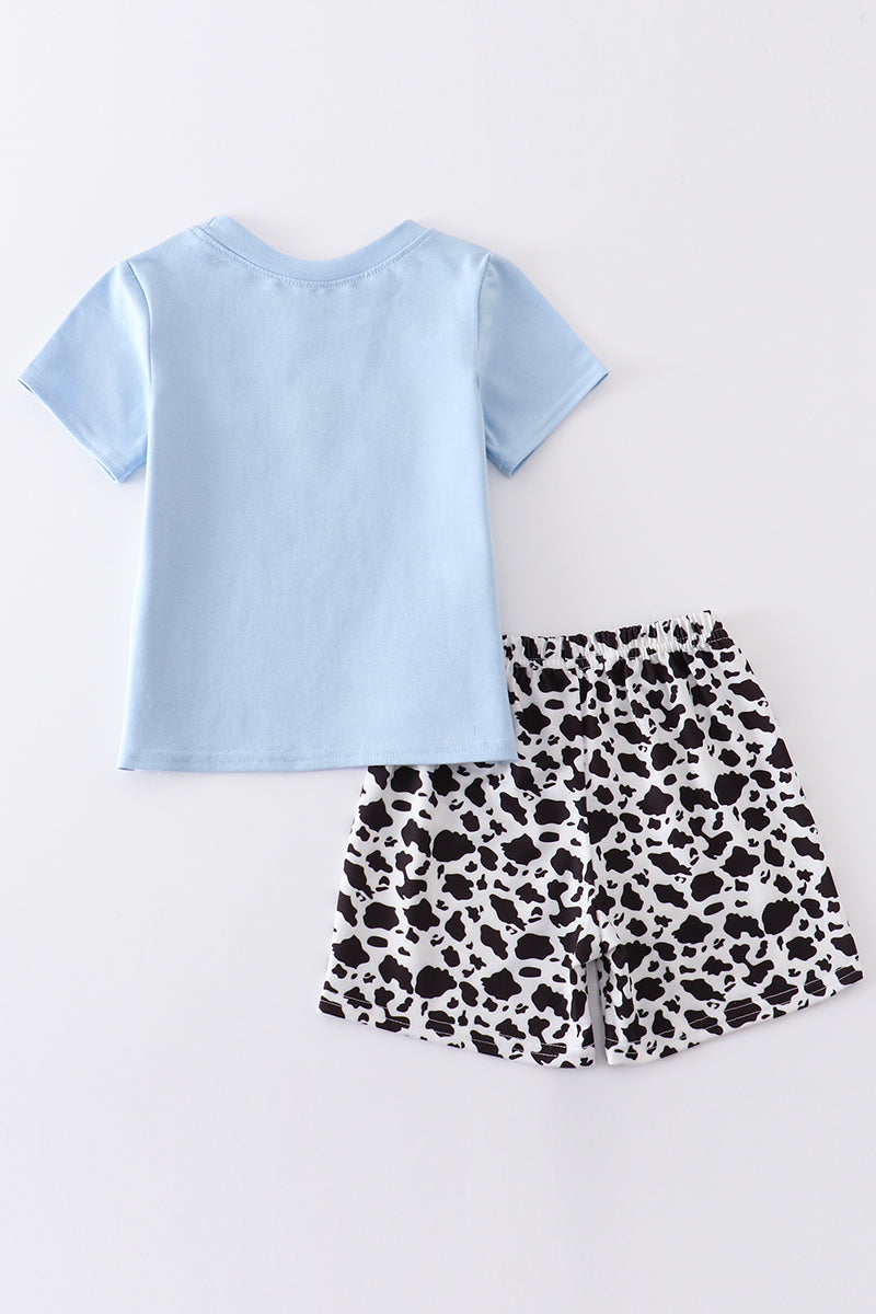 Blue cow embroidery boy set