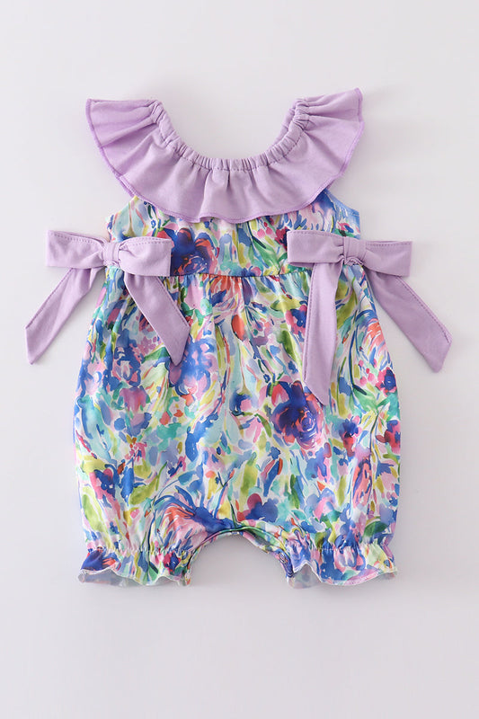 Purple floral print girl romper