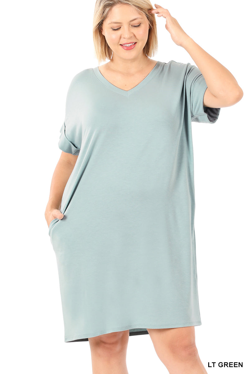 rolled sleeve v-neck dress