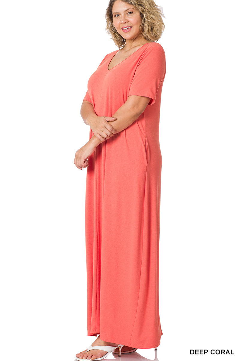 plus v neck short sleeve maxi dress