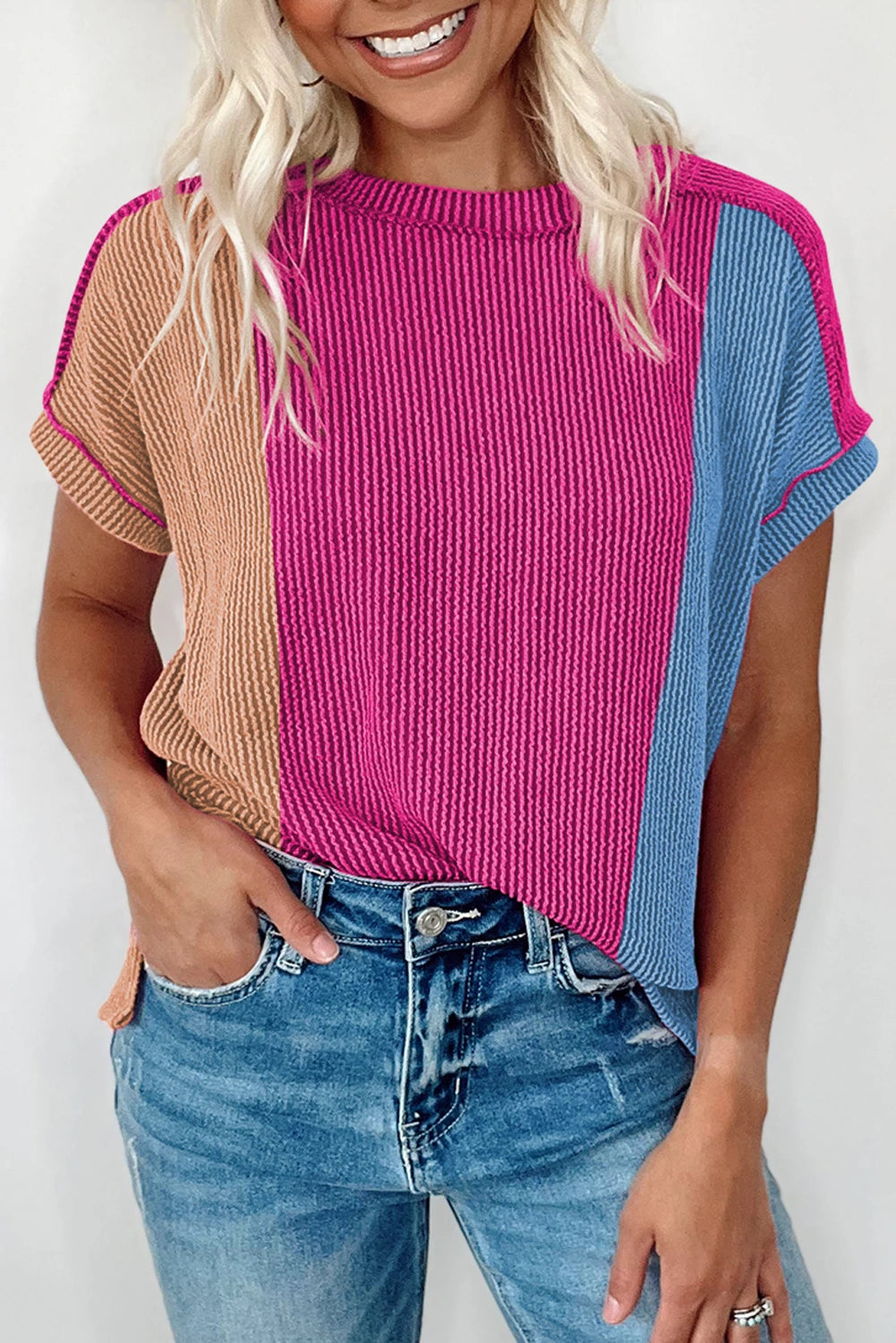 Textured Colorblock Crew Neck Top