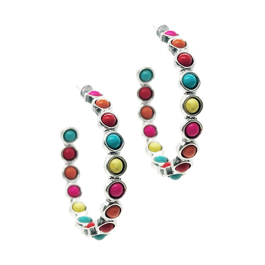 Multi Stone Silver Hoop Earring