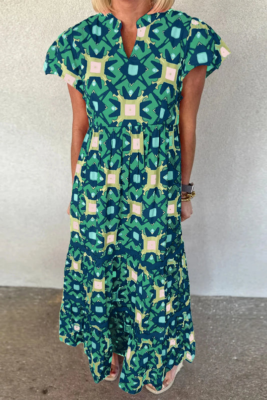 Abstract Print Pleated Flounce Sleeve Maxi Dress