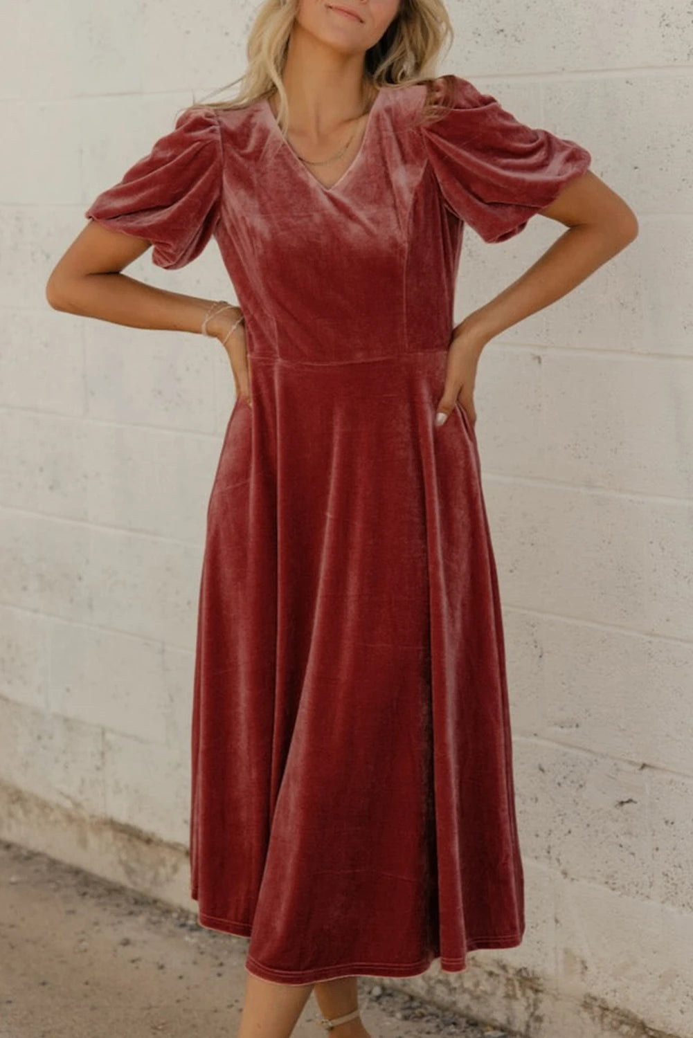 Velvet V-Neck Puff Sleeve Midi Dress