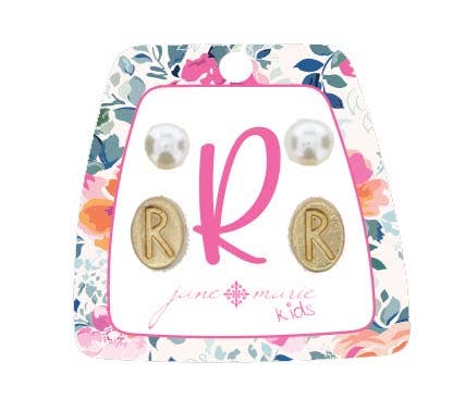 Kids Initial R & Pearl Studs