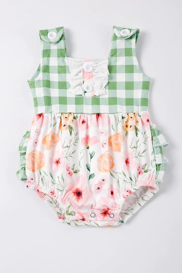 Green Check Floral Romper