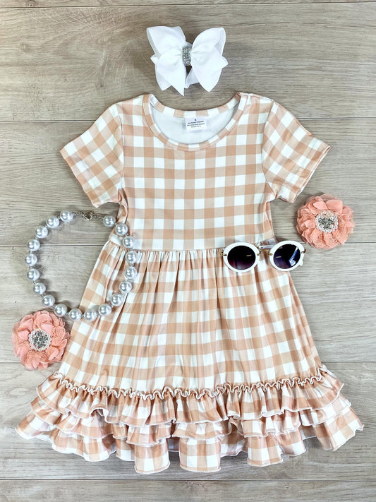 Sand Gingham Ruffle Dress
