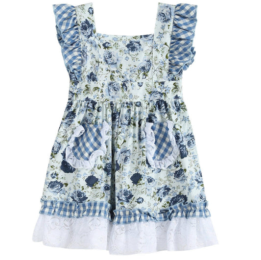 Blue Rose and Gingham Ruffle Dress
